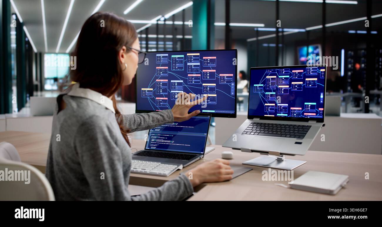 Woman Focused On Coding A New AI System Using Visual Node Editor. Stock Photo