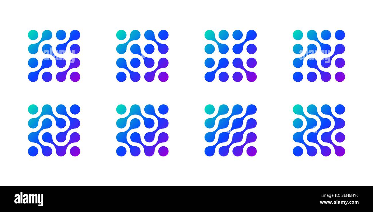 Circle dot connect logo, abstract molecule tech network. Vector science integration and symbol patterns. Metaball shape blobs merge into fluid drops Stock Vector