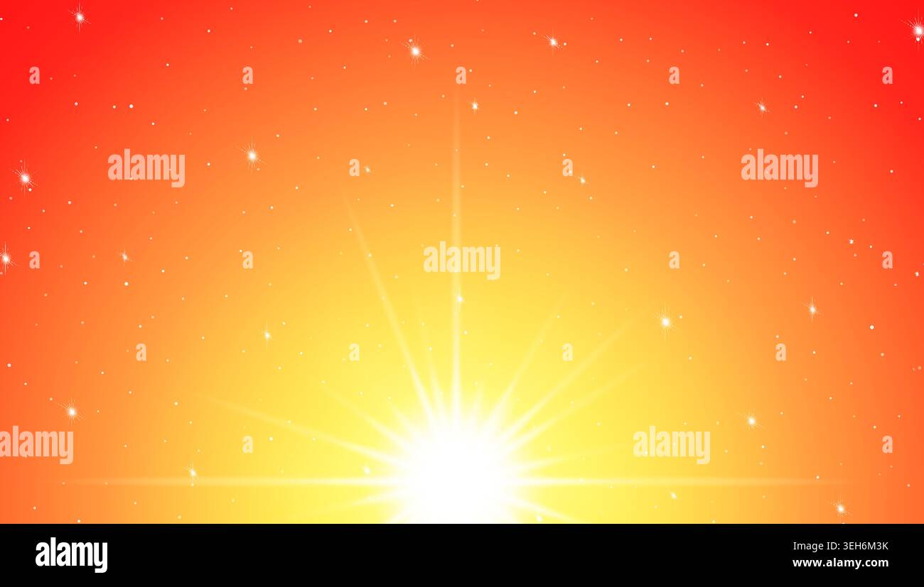Vibrant orange and red starry sky with bright sunburst glare background Stock Vector
