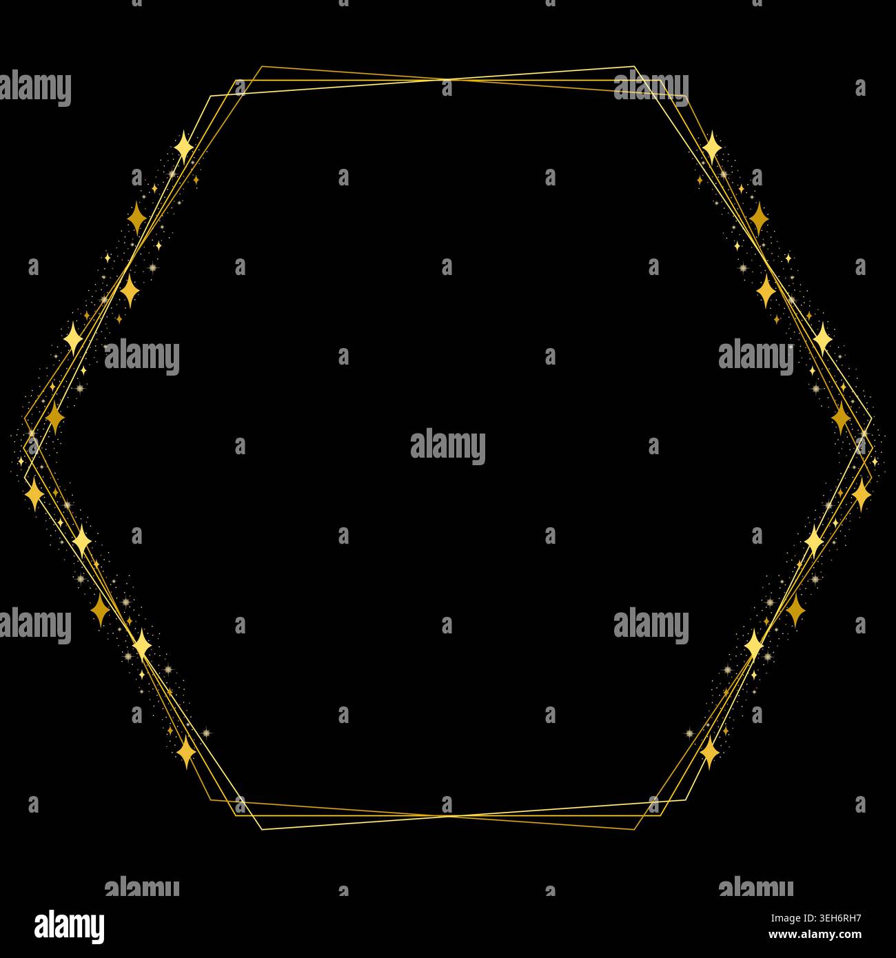 Golden Yellow Hexagon Border Frame With Sparkling Gold Stars Stock Vector