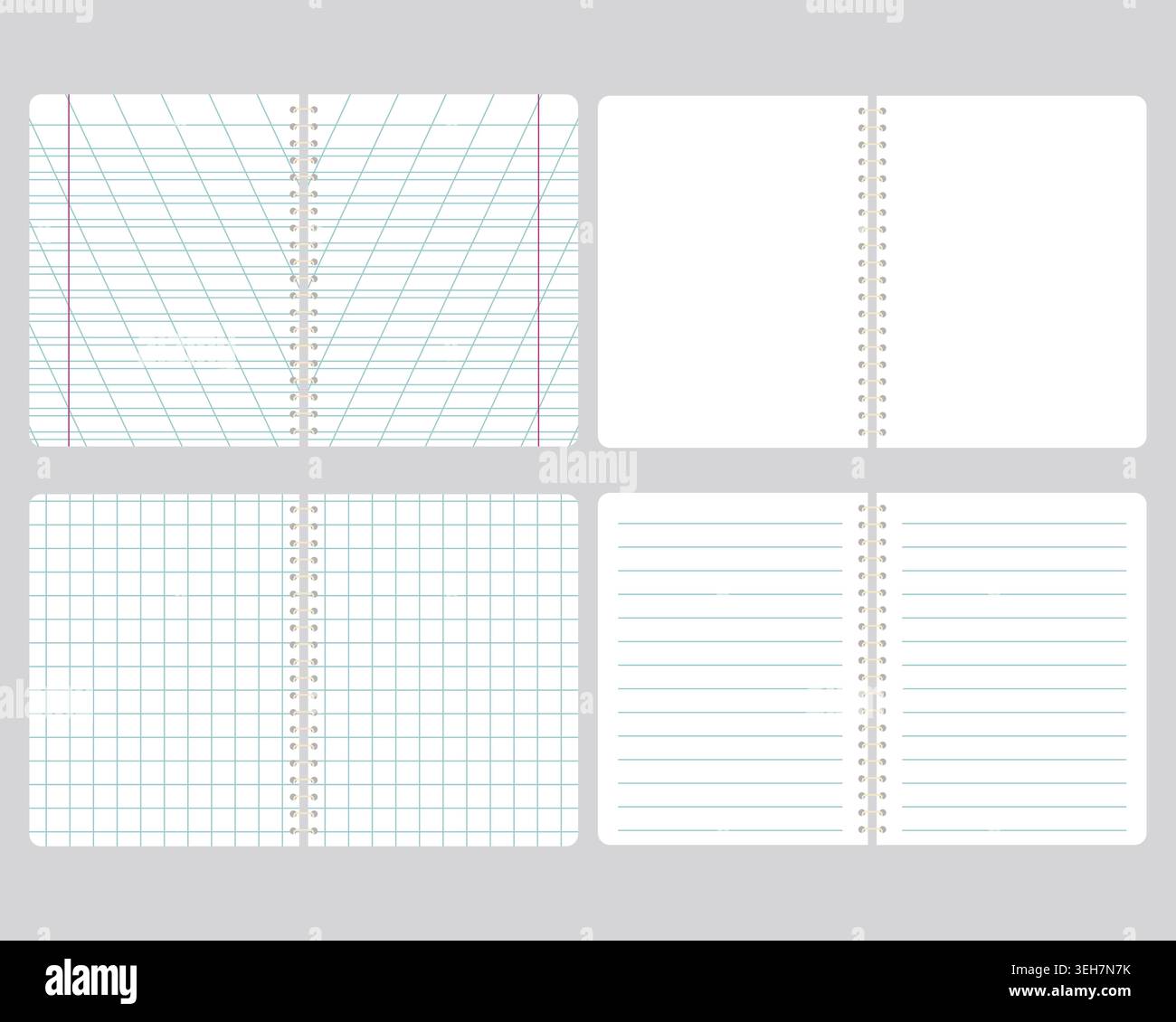 Vector Spiral Notepad Set with Different Paper Styles: Blank, Lined, Squared, and Oblique Ruled Stock Vector