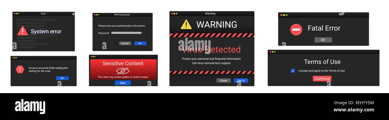 Error notifications on isolated background. Stock Vector