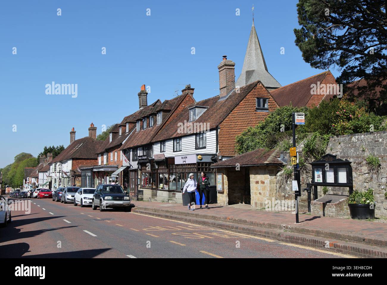 High Street and spire of St Dunstan's church, Mayfield, East Sussex, England, United Kingdom, Europe Stock Photo