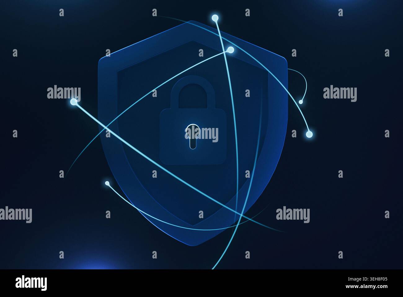 Dark blue digital shield with a padlock icon icon centered, surrounded by crossing neon light trails. Conceptual illustration of cloud security, netwo Stock Photo