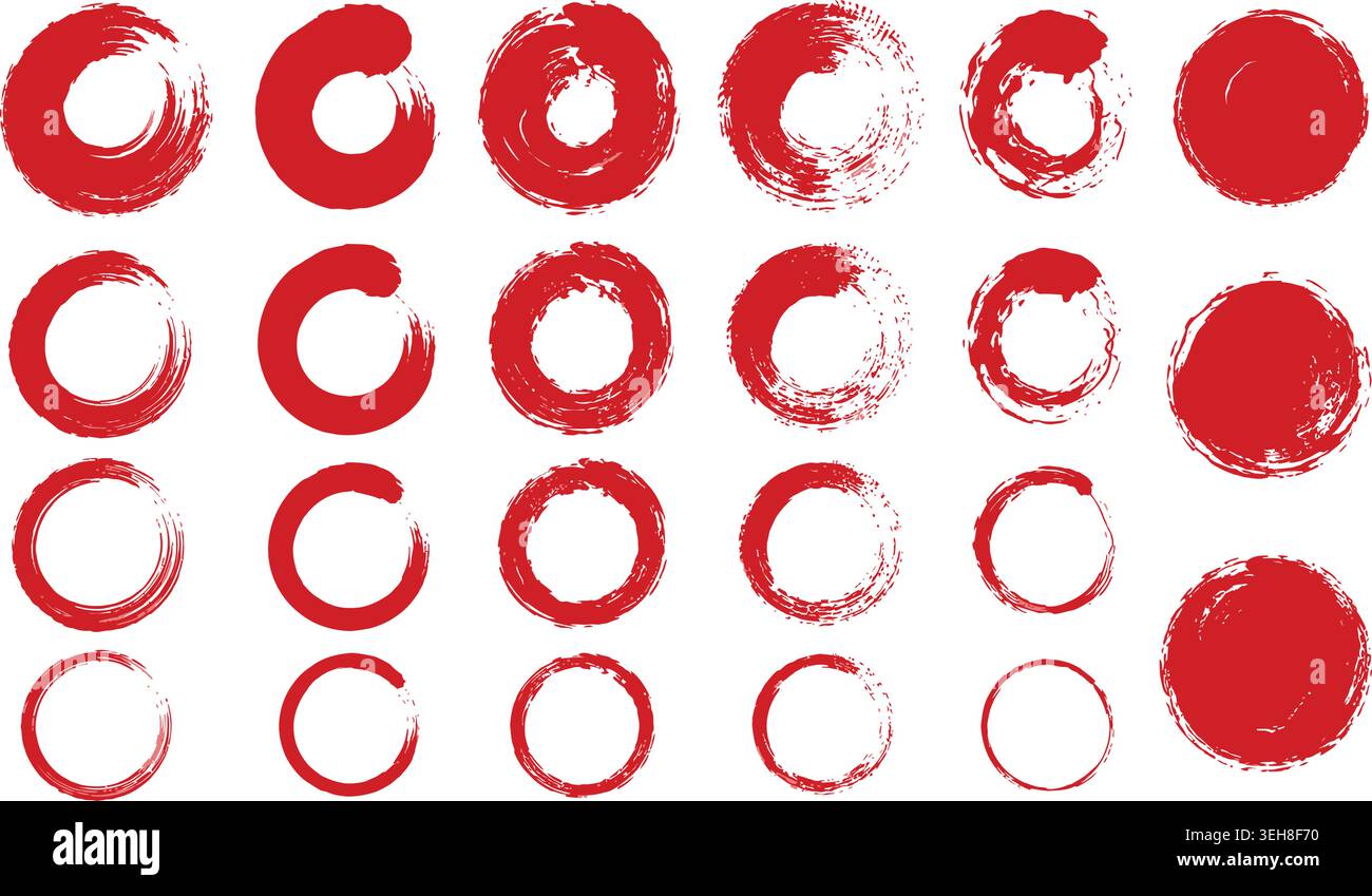 Red Brush Stroke Circles and Enso Elements Vector Set Stock Vector
