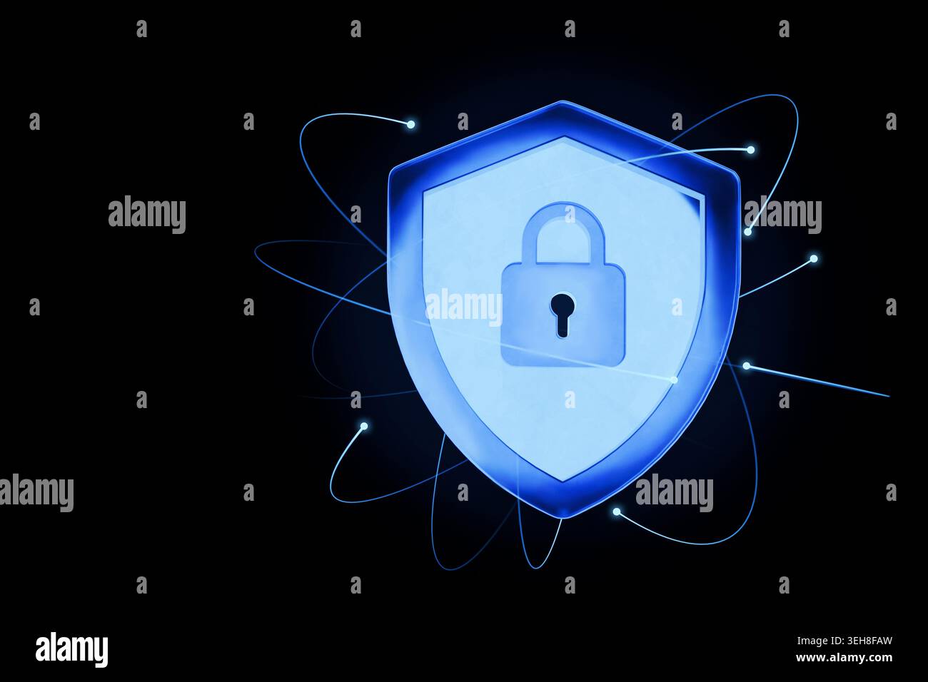 Glow blue cybersecurity shield with a central padlock icon, floating in a dark, data-driven space. Thin blue network lines and data points orbit the s Stock Photo
