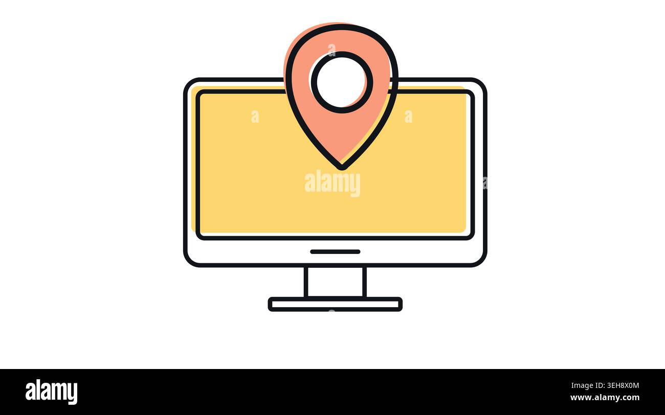 Desktop computer with location pin icon: PC workstation displaying GPS map pointer on screen, modern black line art with offset color fill vector. Stock Vector