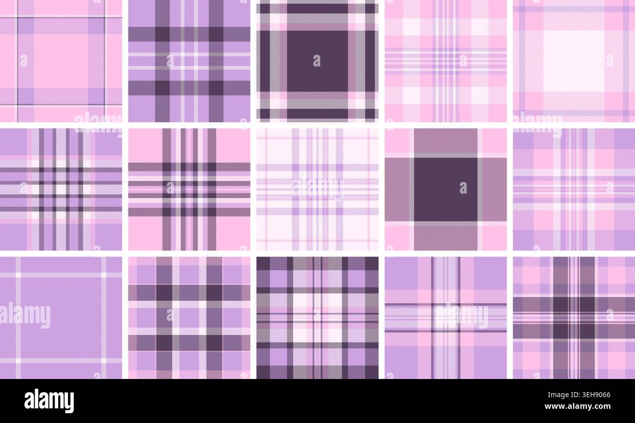 Plaid pattern set perfect for multipurpose design workflows. Vector tartan patterns enhance style, cohesion, and visual appeal. Stock Vector