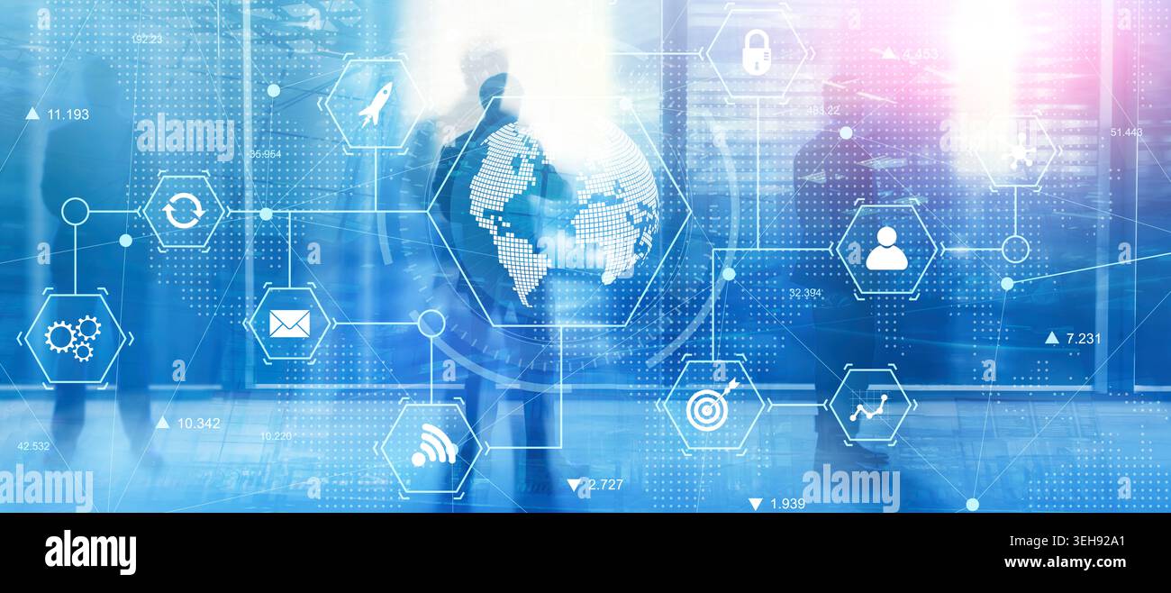 Global Digital Business Network with Secure Data Exchange and Analytics Systems. Stock Photo