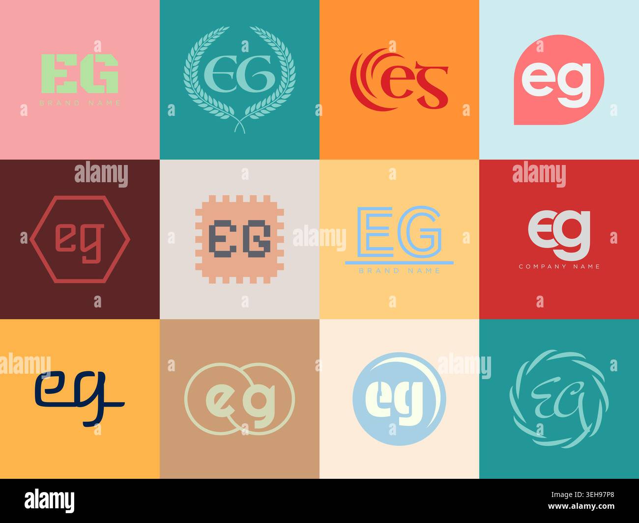 EG logo company template. Letter e and g logotype. Set different classic serif lettering and modern bold text with design elements. Initial font typog Stock Vector