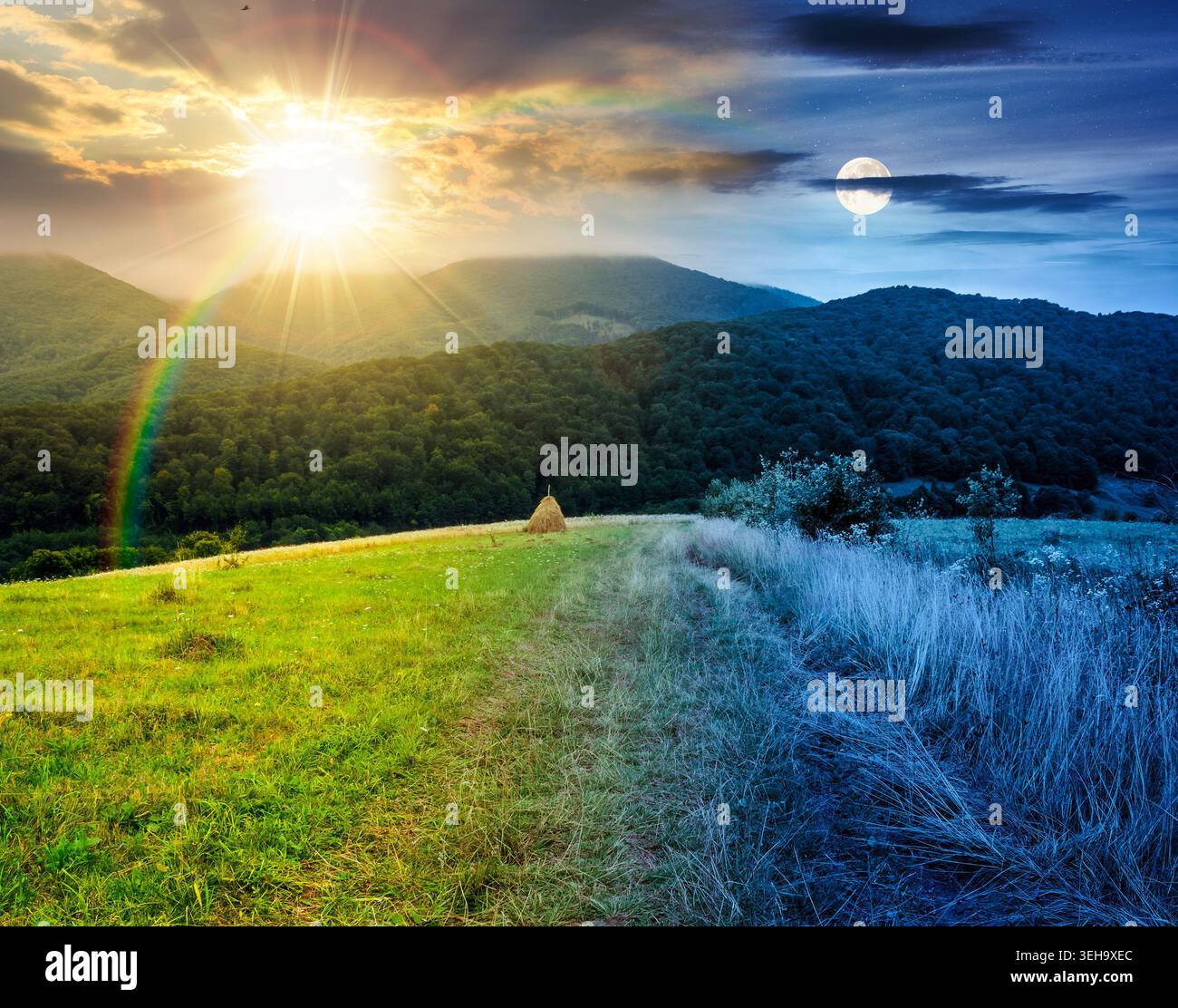 rural field on the hill. time change concept. view in to the valley at twilight. sun and moon over countryside mountain landscape. alpine pasture near Stock Photo