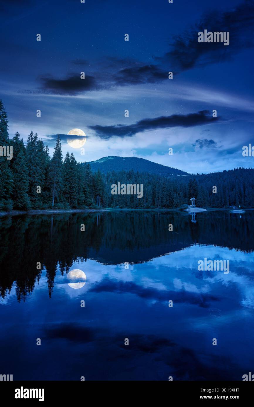 landscape by the lake at night. full moon over coniferous forest near the lake and the forest mountain. mysterious summer view of carpathian mountain Stock Photo