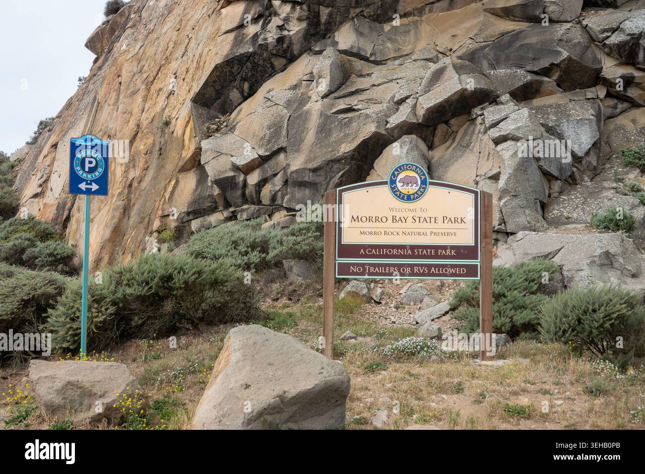 Morro Rock  is a volcanic plug located at Morro Bay, California. Part of Morro bay state and California State Parks on the central coast. Stock Photo