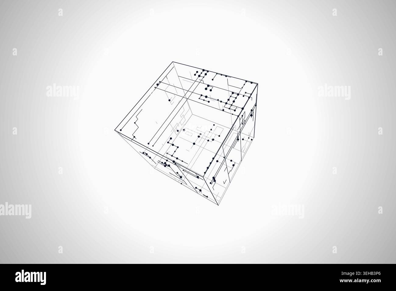 Modern technology-inspired 3D wire cube with layered lines and connection points Stock Vector