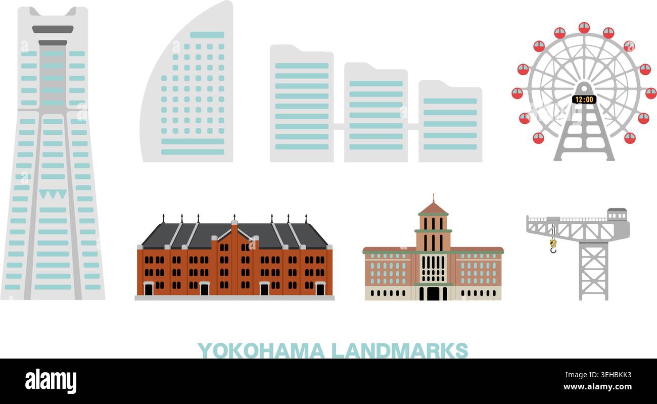 Yokohama landmarks flat vector illustration set Stock Vector
