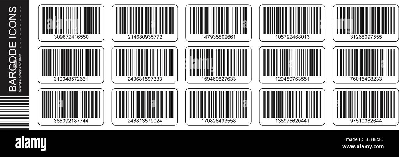 Barcode icons set with rounded rectangle labels and codes. Product scanning stickers Stock Vector