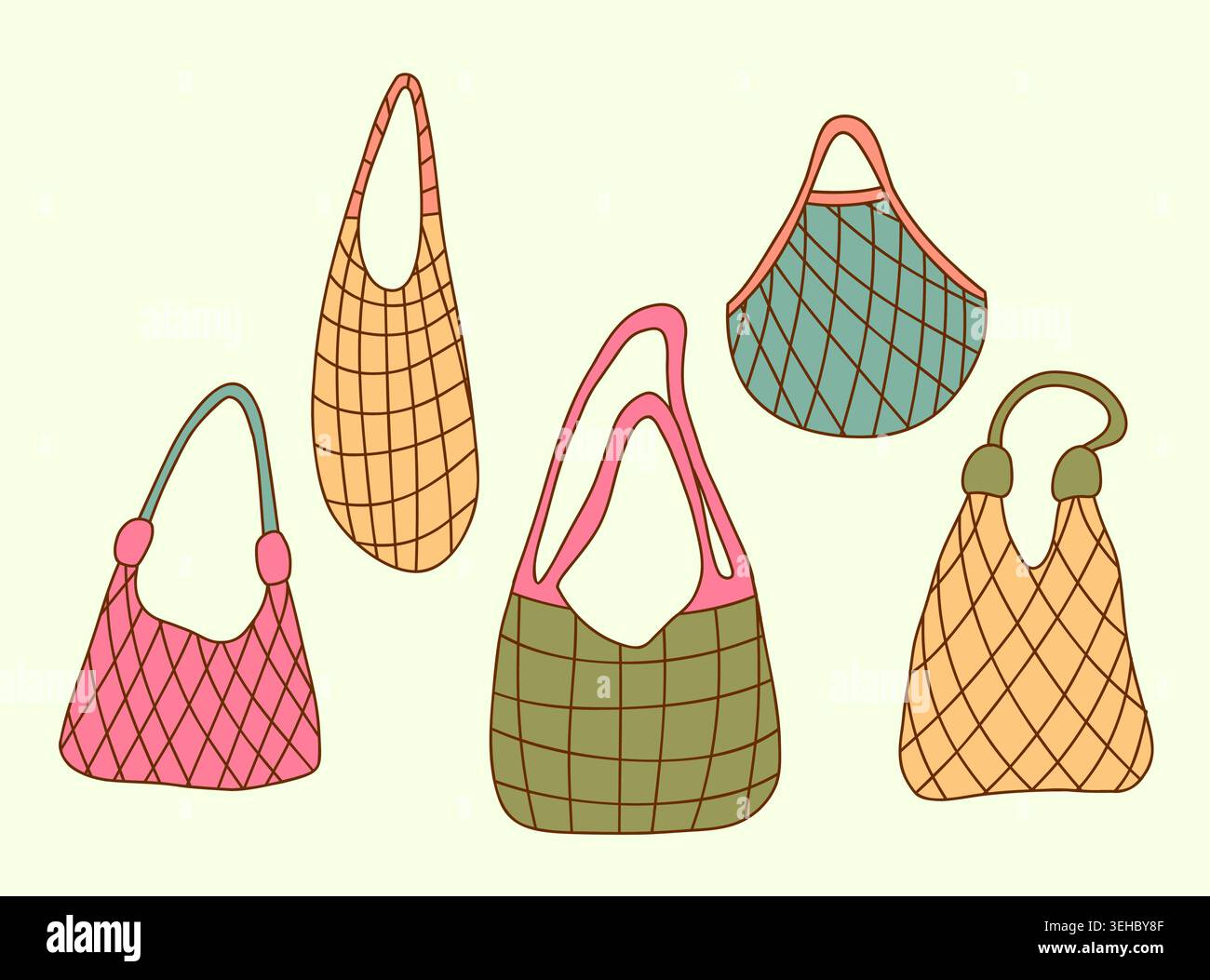 Colorful net tote bags set. Stock Vector
