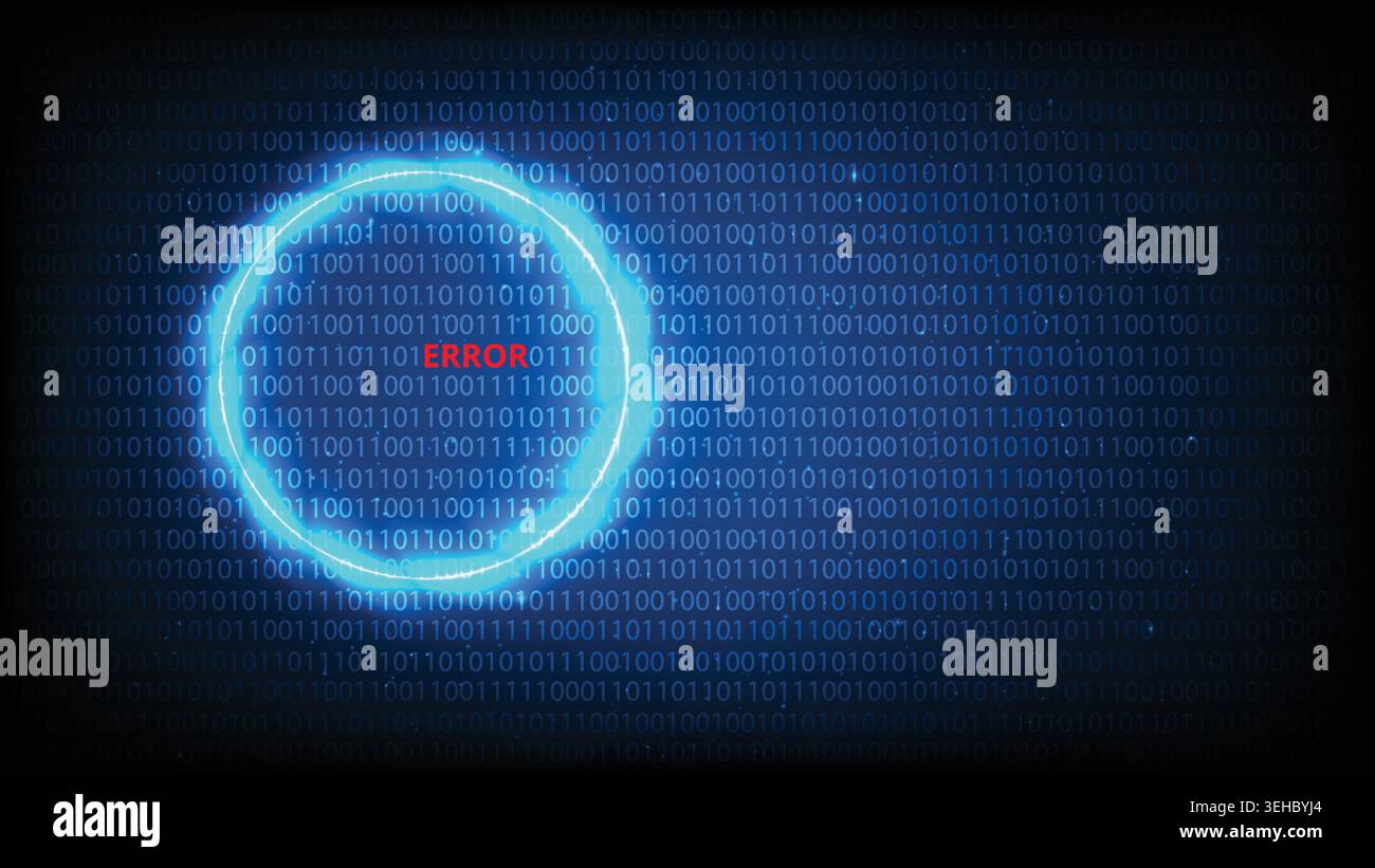 A glowing neon circle portal over a dark blue digital binary code background featuring a red error message Stock Vector