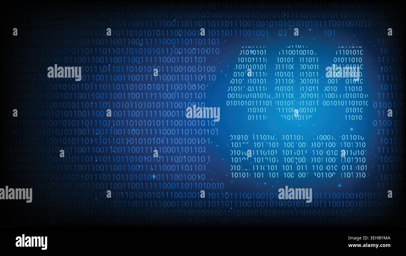 Digital binary code forming a glowing 404 error page text shape for tech concepts with dark blue background Stock Vector