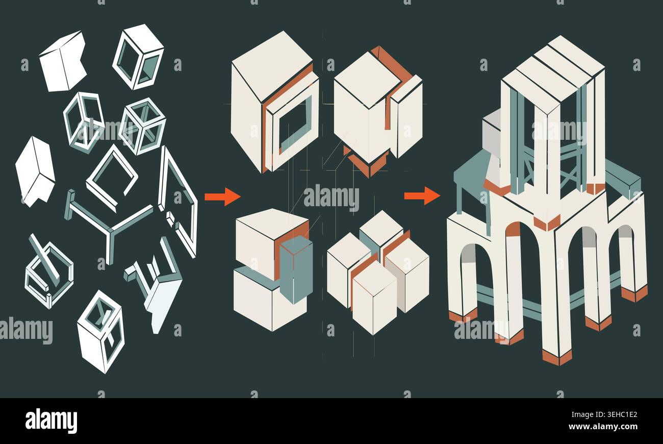 Fragmented Structure Isometric modular architectural system vector showing geometric ...