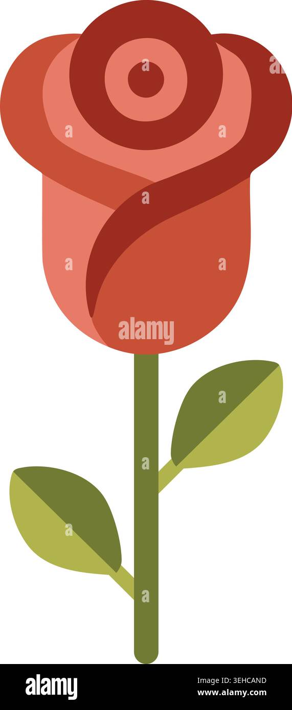 Simple illustration of a brown rosebud on a straight green stem with two olive green leaves. Stock Vector