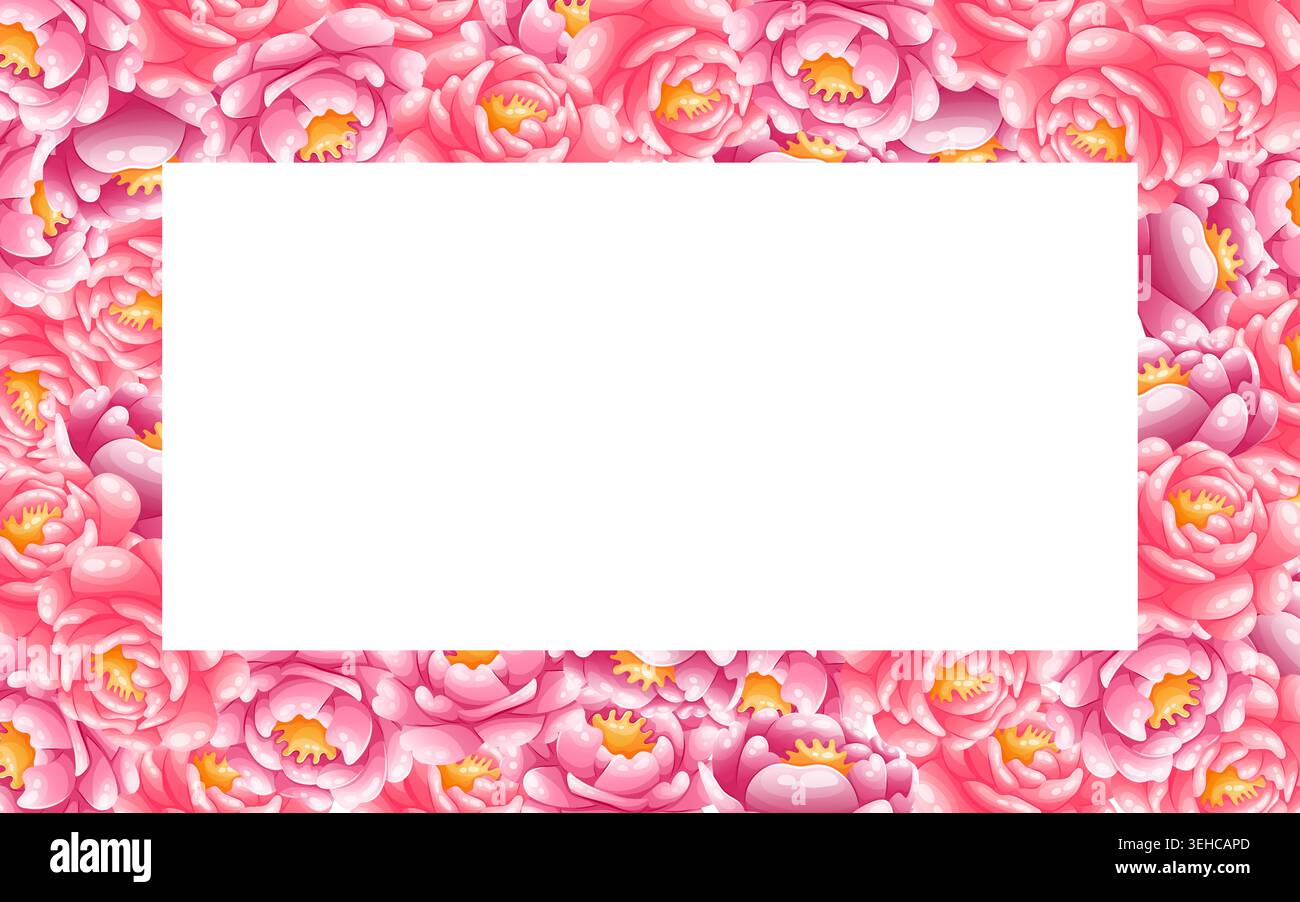 Vector rectangular frame with pink peonies Stock Vector