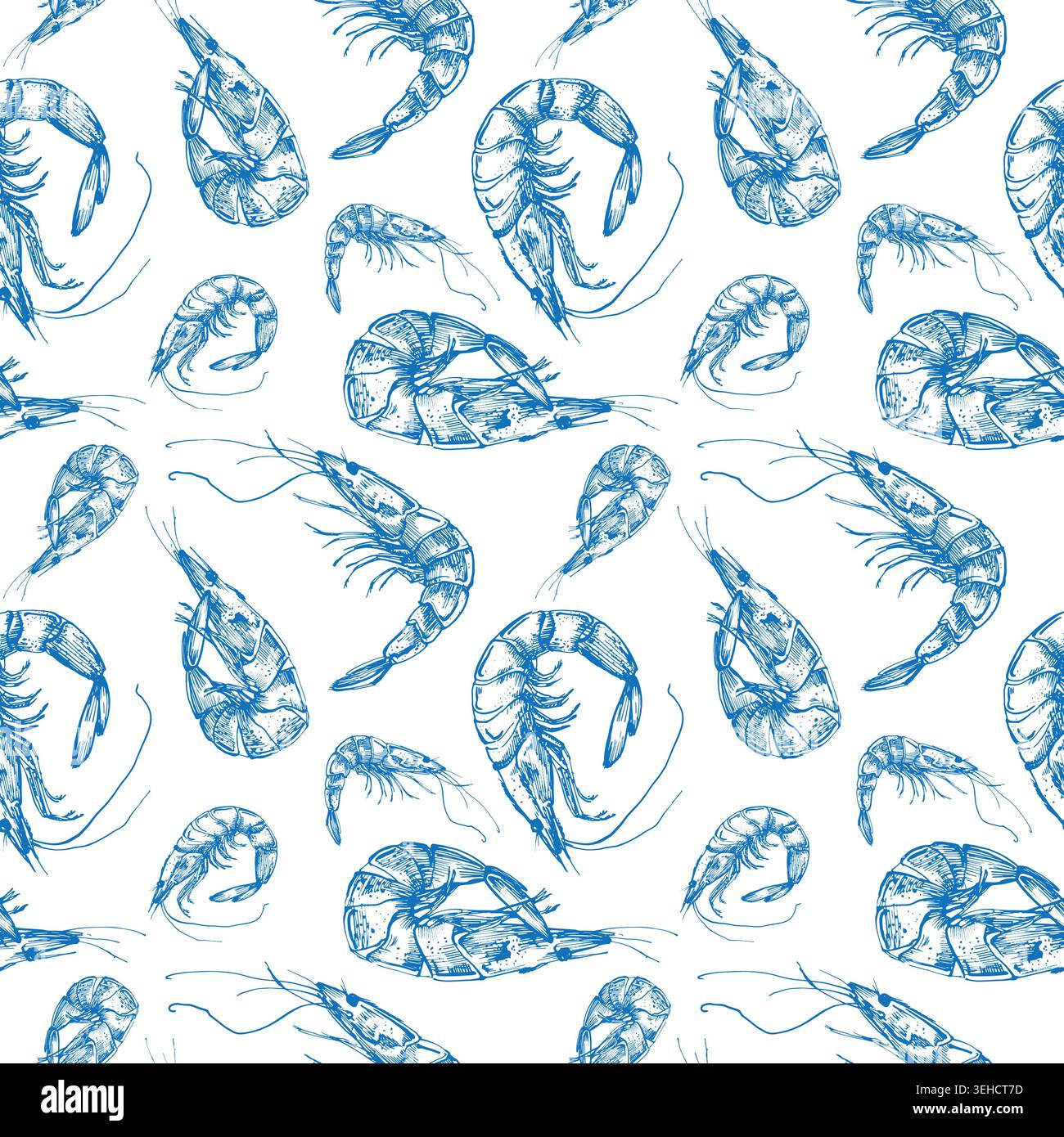 Seamless vector pattern with hand-drawn blue ink shrimp. Template for label Stock Vector