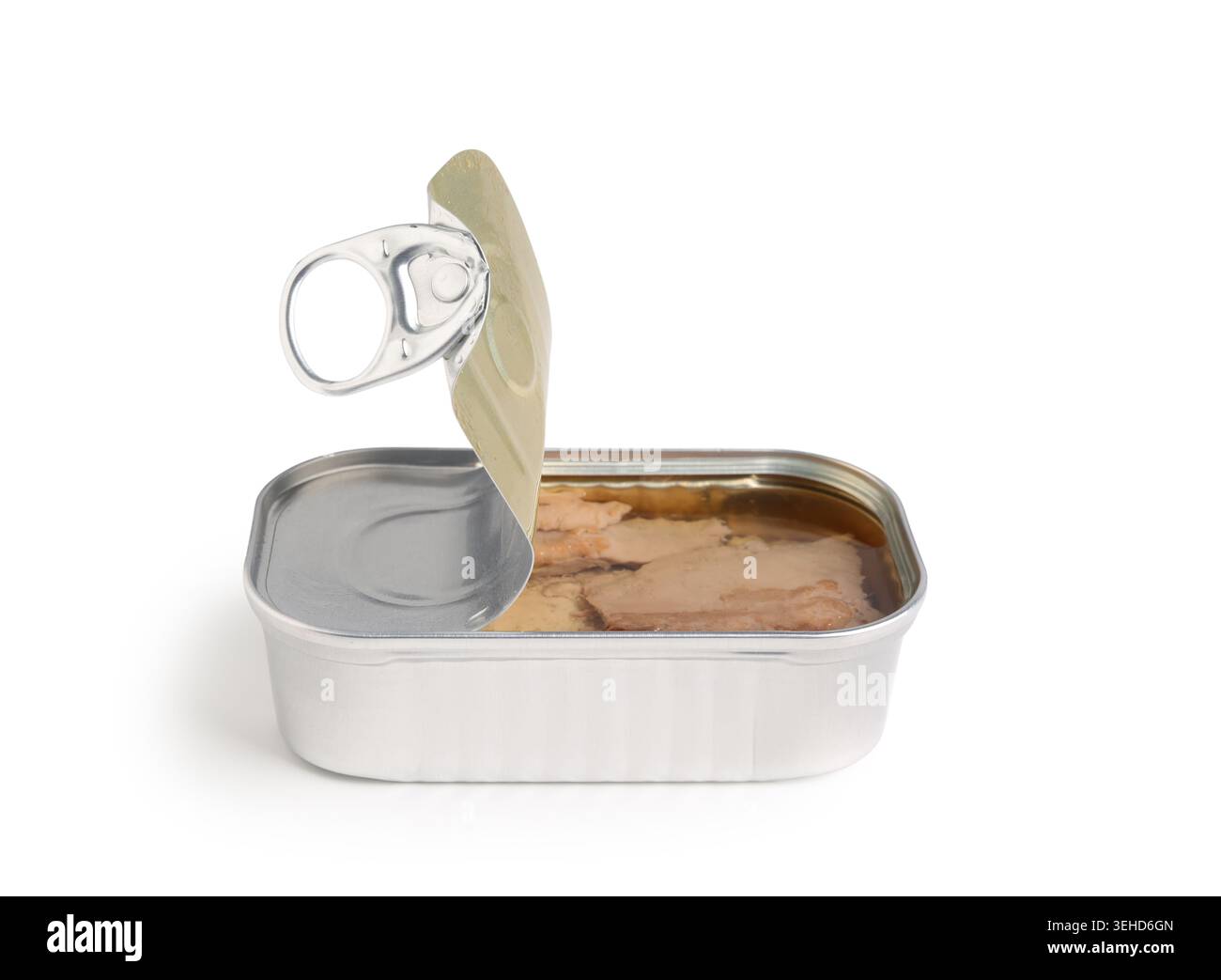 Open tin can with cod liver isolated on white background, closeup Stock Photo