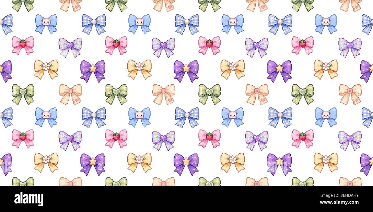Seamless pattern featuring assorted pastel pixel bows arranged in a playful decorative repeat Stock Vector