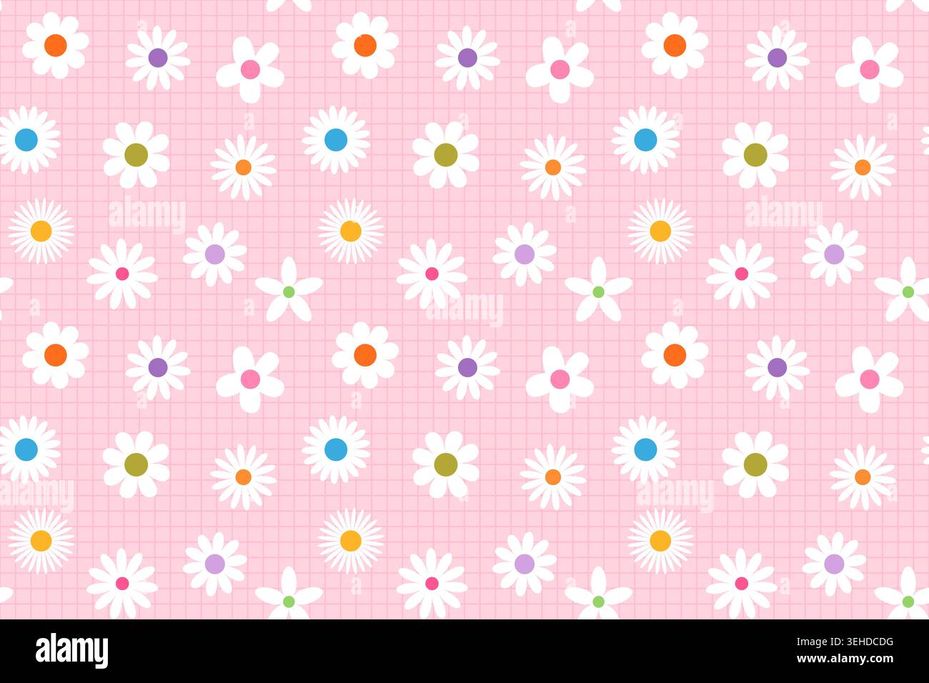 Cute white daisy flowers with colorful floret dots on pink grid background for kids and baby summer designs and textiles Stock Vector