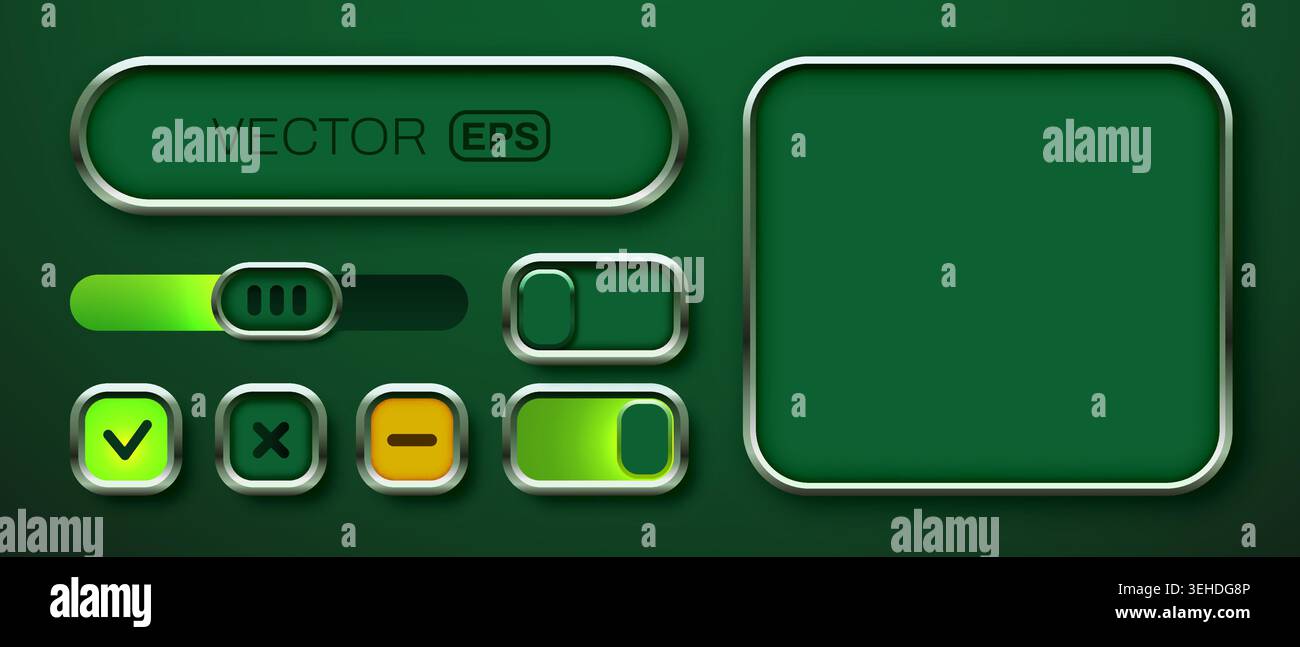 Modern green UI interface elements with metallic frames for website and app design. Vector illustration Stock Vector