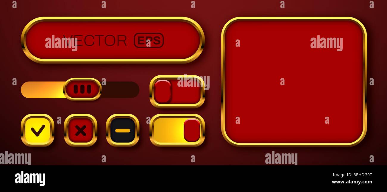 Set of luxury red and gold user interface elements. Premium web buttons and toggle switches. Vector illustration Stock Vector