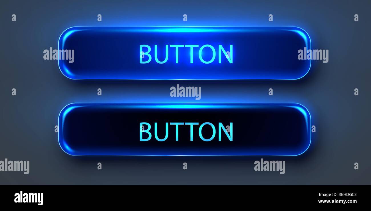 Glossy glowing blue web buttons. Modern interface elements for website design and user navigation. Vector illustration Stock Vector