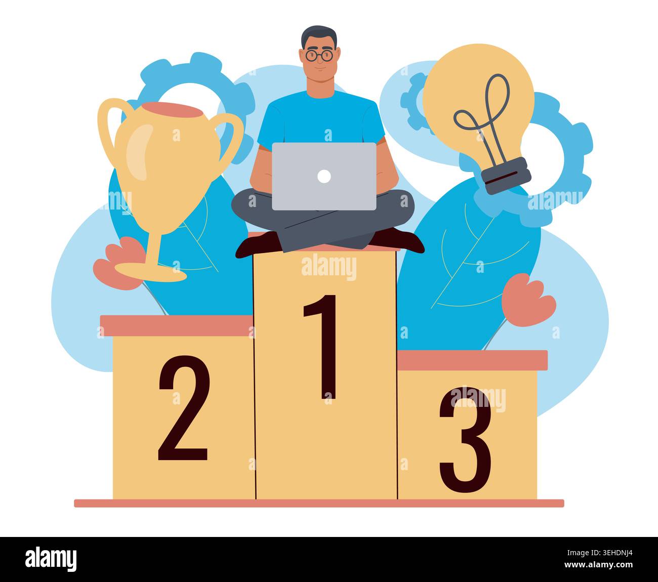 Man on podium with laptop. Vector illustration Stock Vector