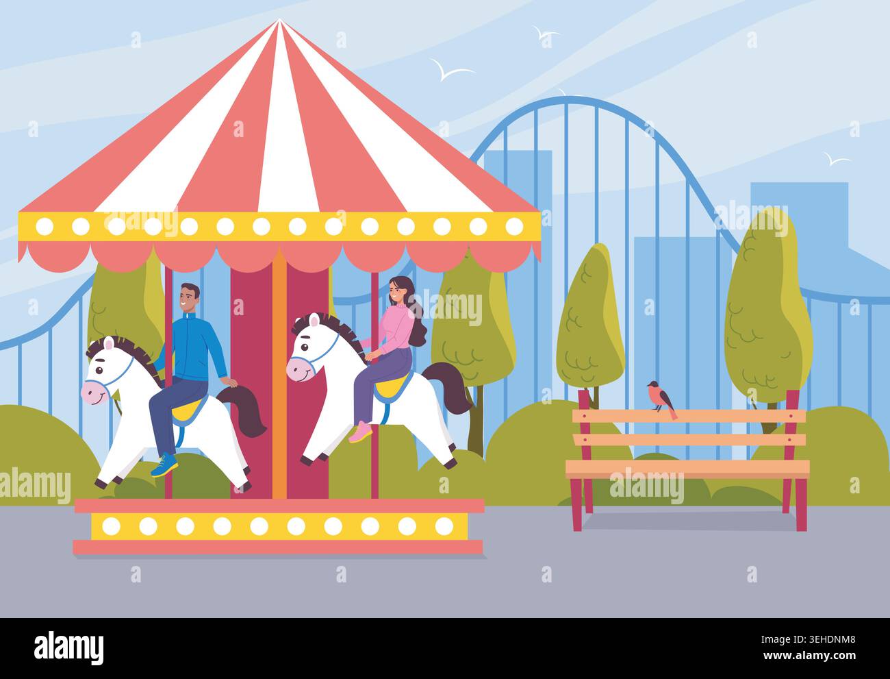 Carousel ride in park. Vector illustration Stock Vector