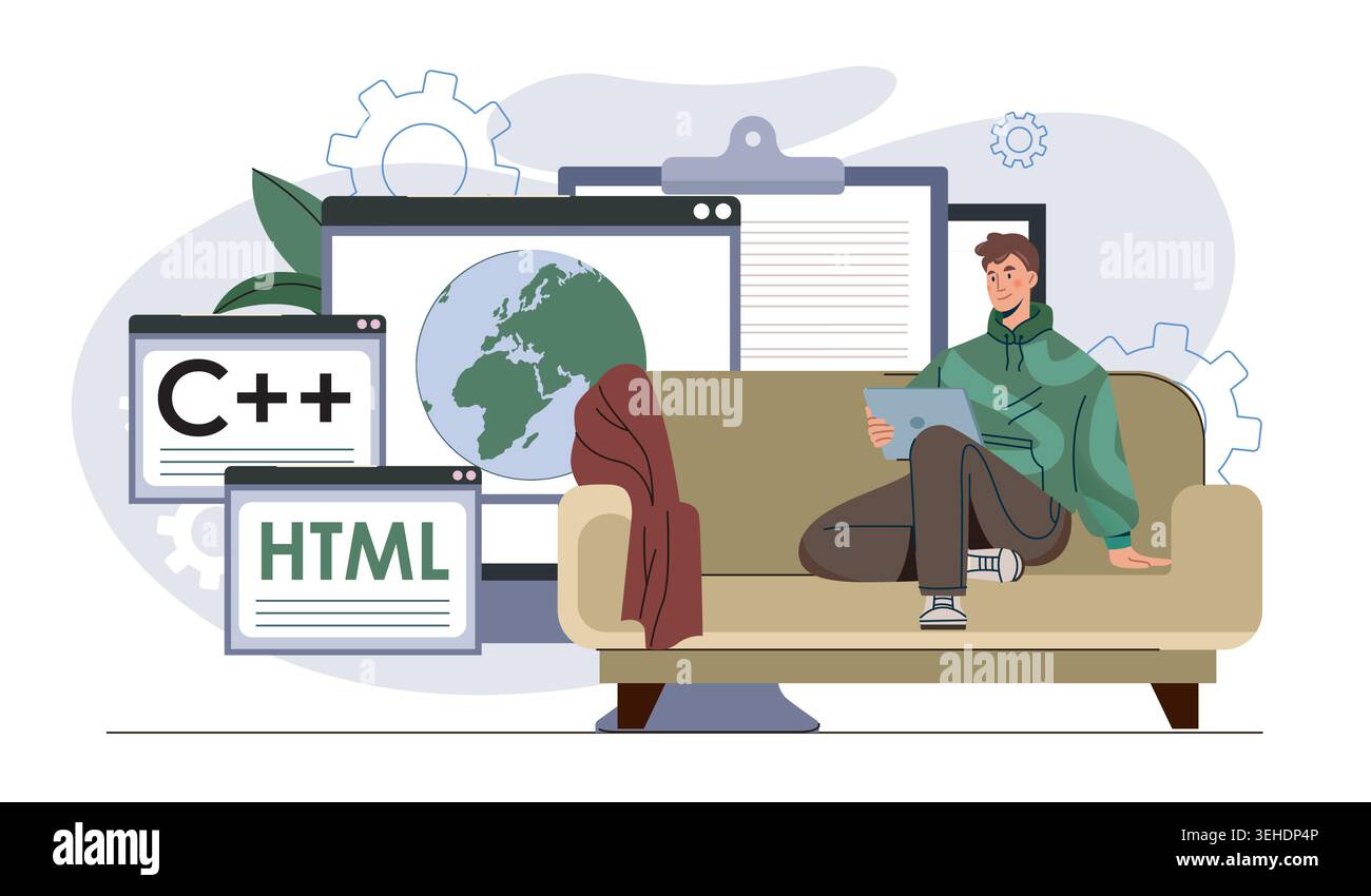 Developer studying on sofa. Vector illustration Stock Vector