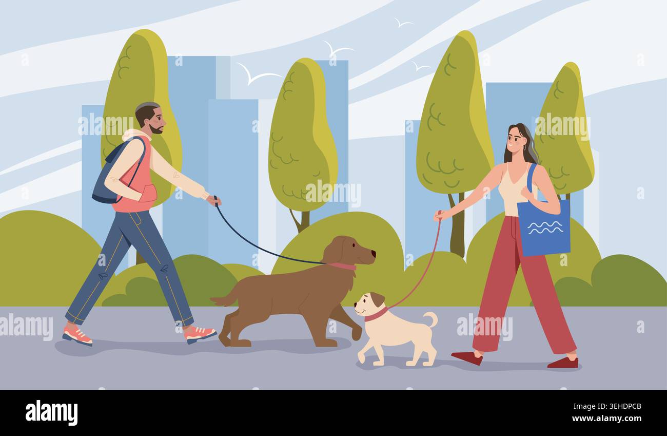 People walking dogs outdoors. Vector illustration Stock Vector