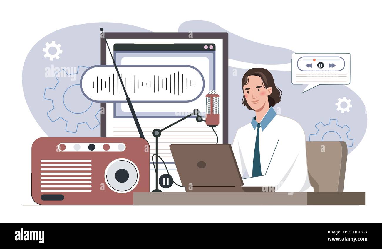Radio host at creative desk. Vector illustration Stock Vector