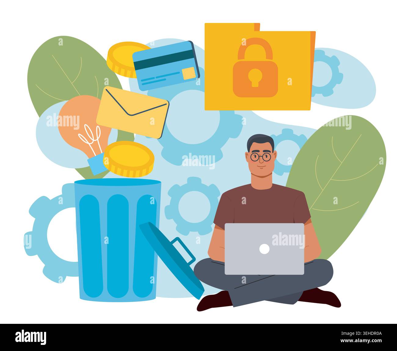 Man with laptop and icons. Vector illustration Stock Vector