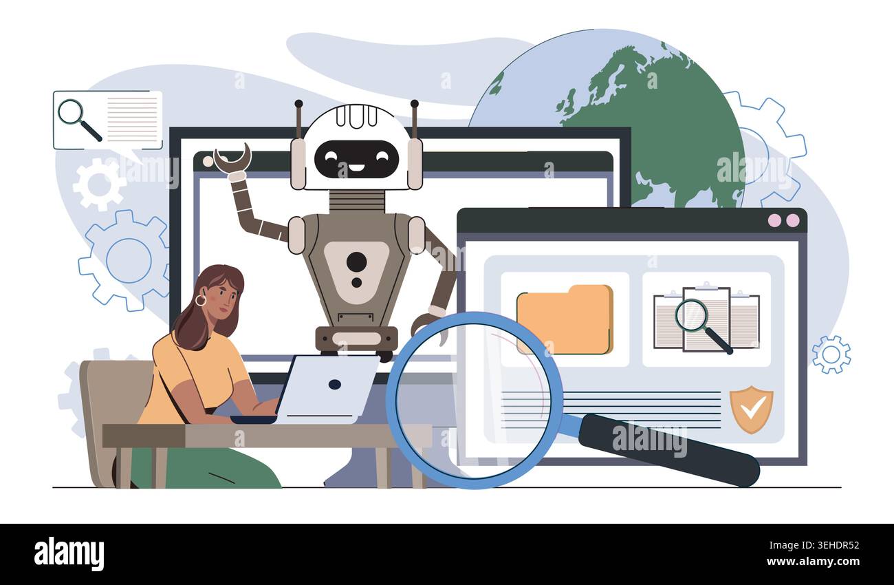 Robot helping woman at computer. Vector illustration Stock Vector