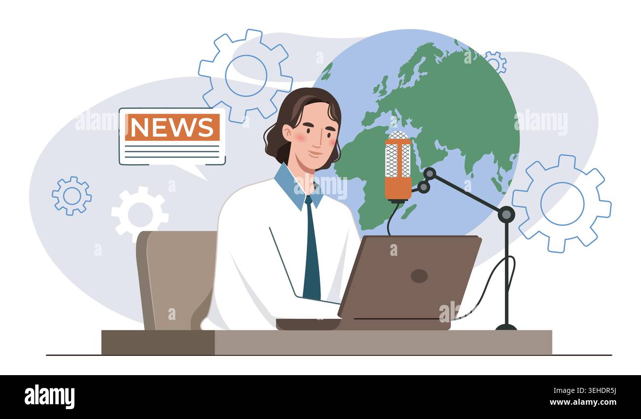 News podcaster at desk. Vector illustration Stock Vector