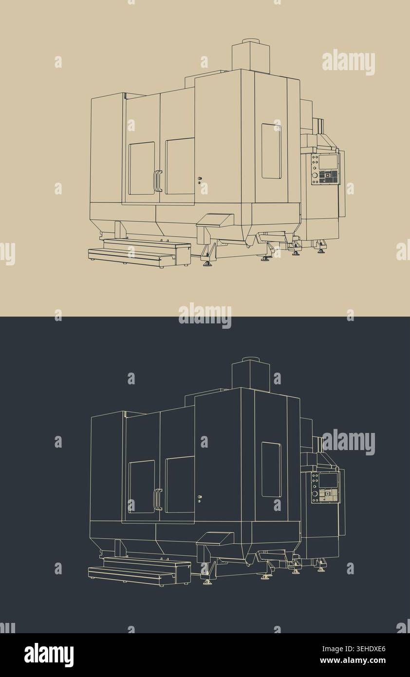 CNC machine vertical machining center horizontal milling and boring stylized vector illustrations Stock Vector