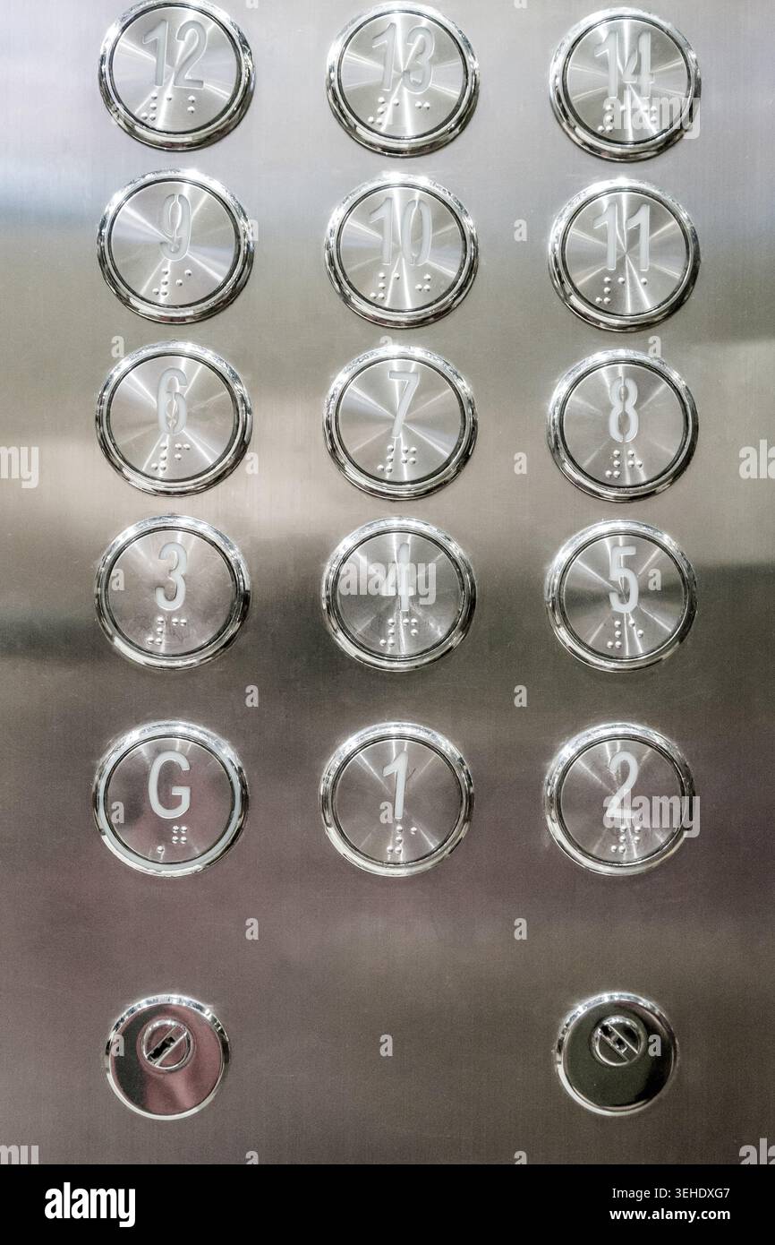 metal floor buttons in the elevator Stock Photo