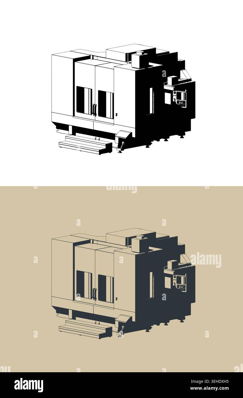 CNC machine vertical machining center horizontal milling and boring isometric stylized vector illustrations Stock Vector