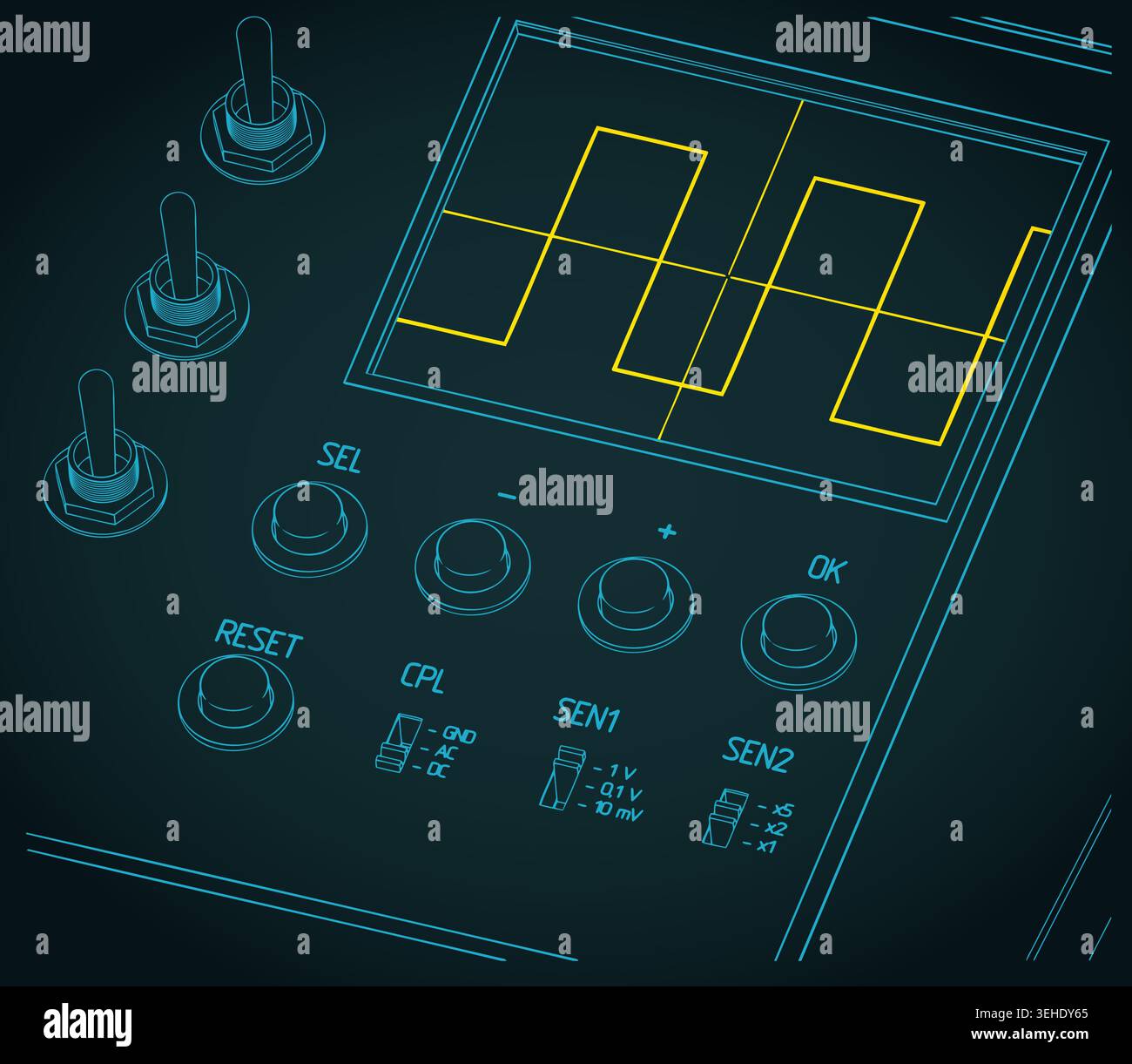Science Lab Switch Drawing Technical drawing of an oscilloscope interface: screen with switches ...