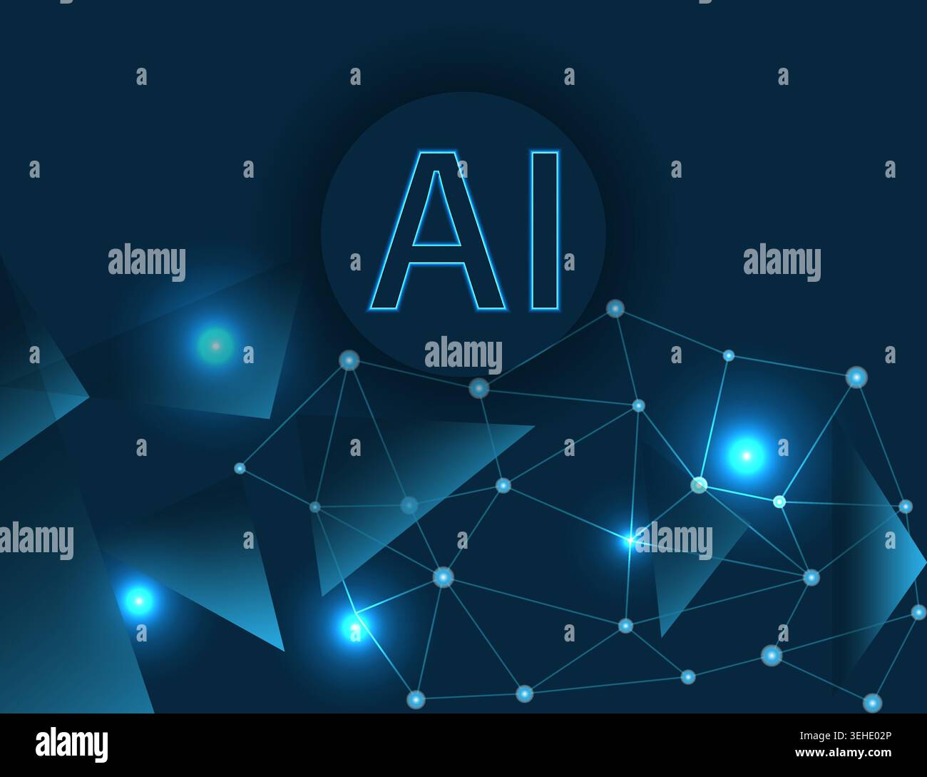 Artificial Intelligence Network Concept With Glowing Neural Nodes And Futuristic Technology Background. Stock Vector