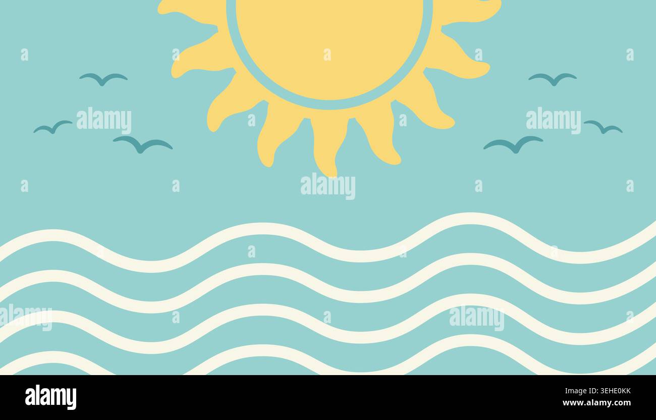 Summer beach background with sun and waves, flat vector illustration Stock Vector