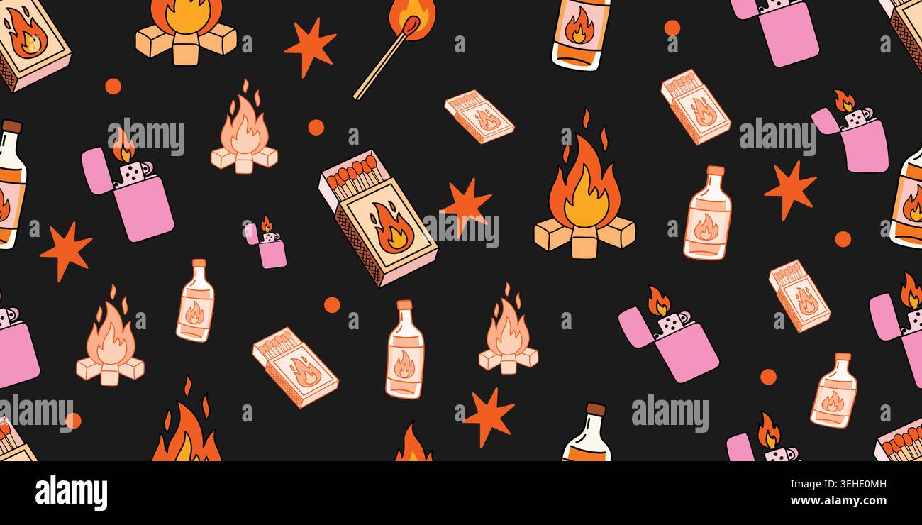 Seamless pattern with firerelated elements campfires, matchboxes, lighters, and bottles Stock Vector