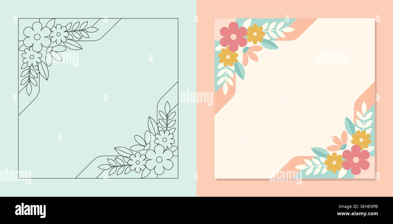 Floral corner frames set with outline and colored versions Stock Vector