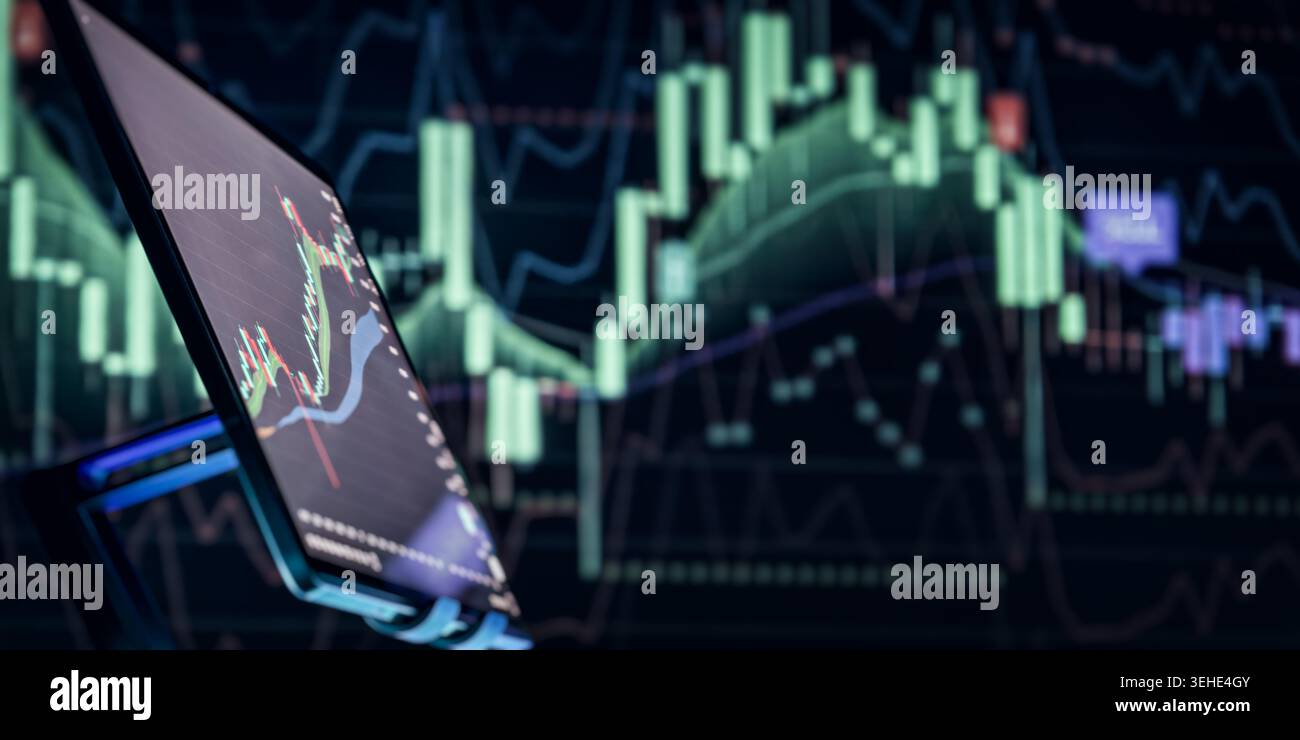 Close-up of a tablet displaying a trading chart against a blurred financial market candlestick background, concept of technical analysis, market monit Stock Photo
